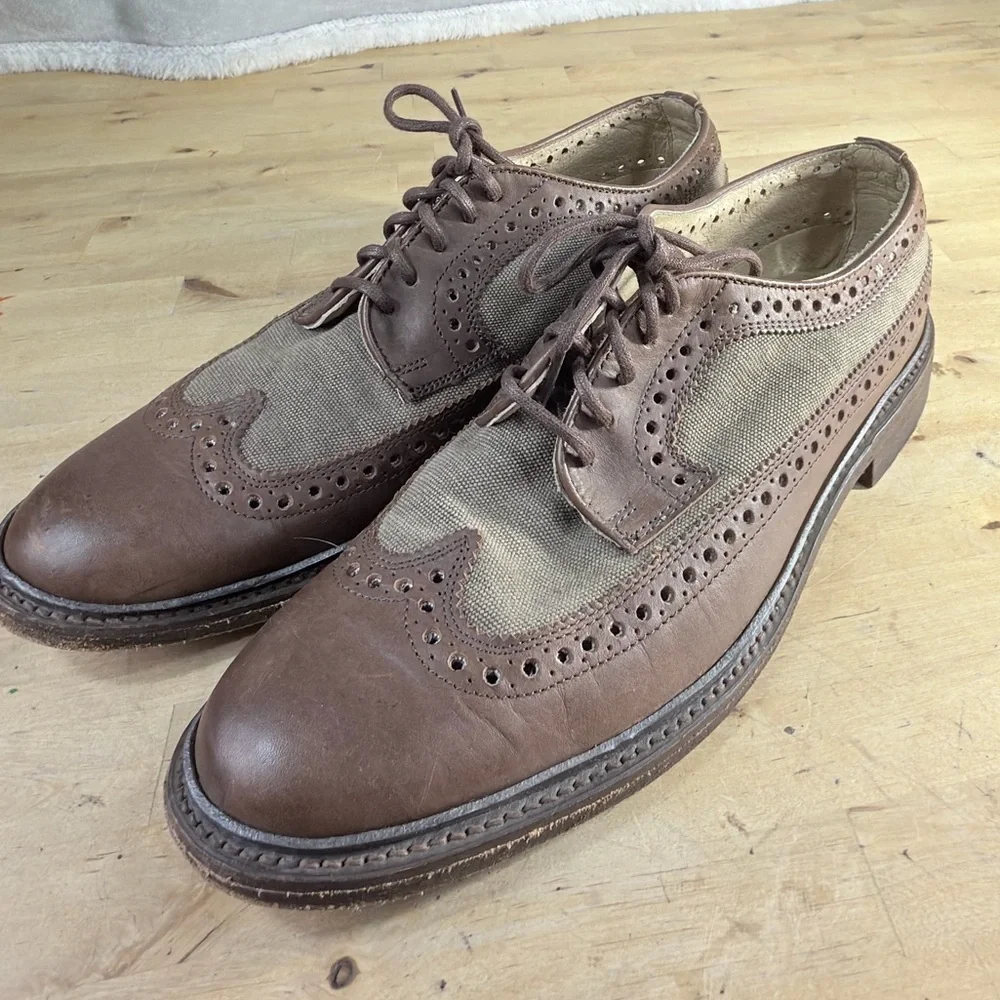 Frye John Addison Men’s Wingtip Oxford Dress Shoes Brown Canvas Leather Size 10